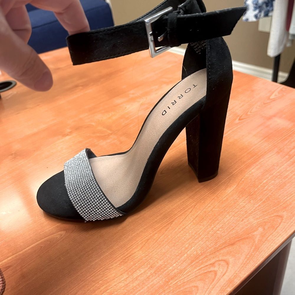 torrid Black Block Heel Sandal with Silver Rhinestone Band